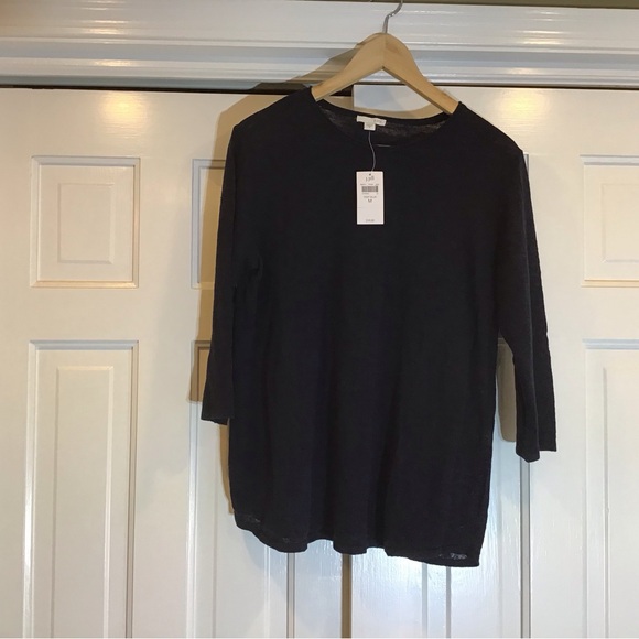 NWT J. Jill Navy 3/4 Sleeve Linen/Cotton Knit Top Lightweight Coastal Casual - Picture 4 of 11